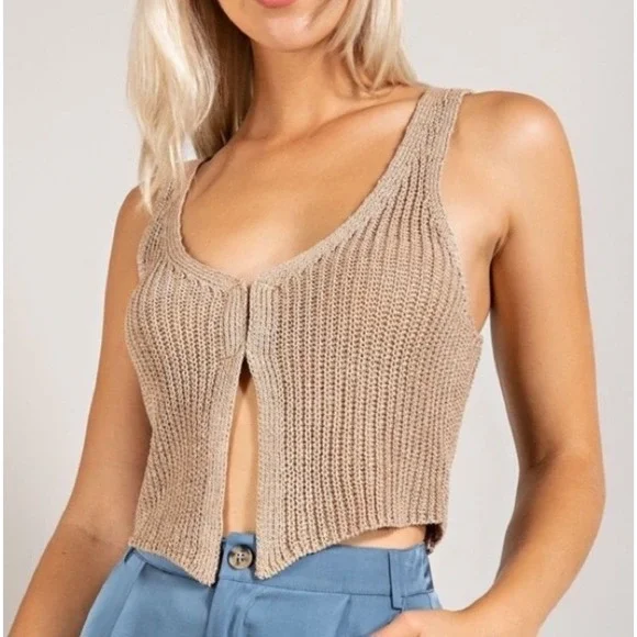 Edit By Nine Sz M Tan Knit Top Light Natural Minimal Boho Coastal Vacation NWOT - Picture 2 of 8